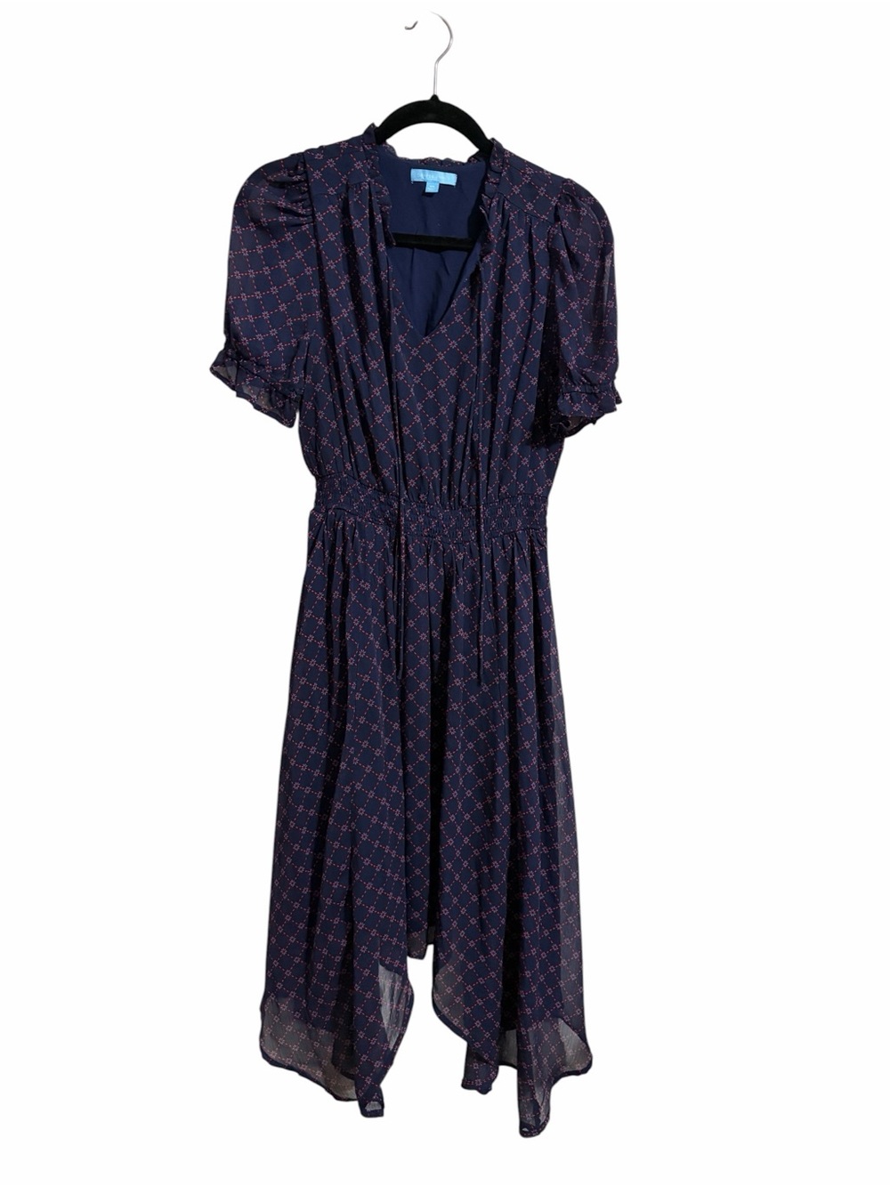 Draper James Navy Printed V-Neck High-Low Midi Dress Bandanna Hem Romantic Sz XS - Picture 5 of 11
